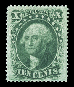 35, 10c Green, Ty. V, exceptionally well centered within very wide margins, rich color and a strong impression, o.g., lightly hinged, extremely fine 2008 PSE
certificate.