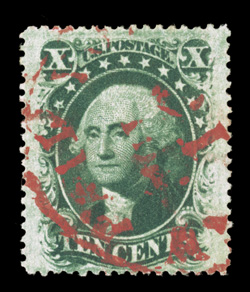 35, 10c Green, Ty. V, an eye-catching used example, with deep prooflike color and impression, exceedingly well centered amid incredibly wide margins, but most impressive is
this stamps cancel, which is a visually striking deep red New York c.d.