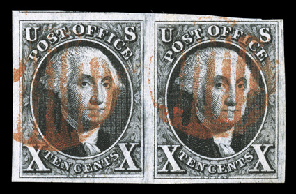 2, 10c Black, handsome used horizontal pair, large to extra-large margins all around, strong color and a superbly detailed impression on fresh paper, bright red orange grid
cancel, extremely fine a marvelously choice used pair 2000 PF certific