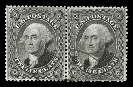 36, 12c Black, plate I, used horizontal pair, unusually well centered, strong color and a well incised impression, light town c.d.s. cancel and a tiny bit of a red transit mark
at bottom, single short perf. at bottom of right stamp, extremely fi