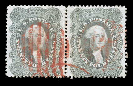 37a, 24c Gray, pretty used pair, with exceptionally fresh color and paper, bright red grid cancels, very fine 1981 PF certificate.