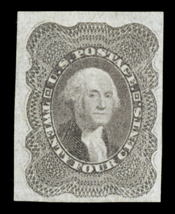 37c, 24c Lilac, imperforate, exceptional unused example of this rare imperforate variety, without gum as always, possessing large margins, well clear of the design all around,
unlike most of the other surviving copies, strong color on crisp pape