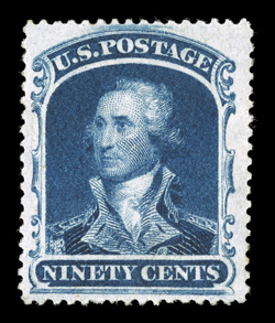 39, 90c Blue, a most impressive mint example of this scarce high value, exceptionally well centered within uncommonly large margins, sumptuously rich color and a well defined
impression on fresh paper, o.g., lightly hinged, extremely fine 2006
