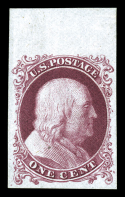 40TC5, 1c Reprint, trial color plate proof on wove, lot of six, with two each in orange brown, dull violet (two distinct shades) and red violet (two distinct shades), large
margins including two sheet-margin examples, three are gummed, two of th