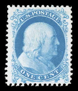 40, 1c Bright blue reprint, without gum as issued, incredibly well centered for this, with considerably larger margins than typically associated with this reprint, beautiful
powder blue color and a crisp impression, extremely fine gem example