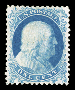 40, 1c Bright blue reprint, without gum as issued, uncommonly well centered and margined, strong bright color, extremely fine 1989 PF and 2008 PSE certificates.