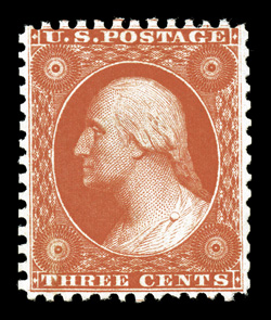 41, 3c Scarlet reprint, without gum as issued, premium example of this rare reprint, possessing intense prooflike color and impression, excellent centering for this, a few
scissor separated perfs. but far more intact than usual, choice very fine