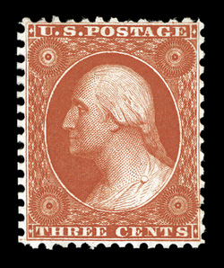 41, 3c Scarlet reprint, without gum as issued, gorgeous color that is especially deep and intense, prooflike impression as well, far better centering than usually found on this
difficult value, typical nibbed perforations at top, very fine clea