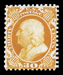 46, 30c Yellow orange reprint, without gum as issued, uncommonly well centered for this, bright color on fresh white paper, very fine only 480 sold 1978 PF
certificate.