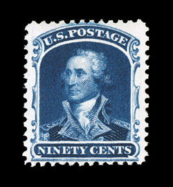 47, 90c Deep blue reprint, without gum as issued, uncommonly well centered within wide margins, deep luxuriant color and a razor-sharp impression on bright paper, a very fine
and choice example of this rare high value, of which only 454 were sol