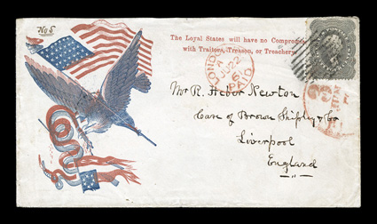 Eagle with flag and rattlesnake (Walcott 2562), with red imprint at top, 24c Gray (37) tied by black grid and June 1861 red datestamp on cover to England, red London Paid and
Liverpool receiver, stamp with a tiny perf. crease and single ton