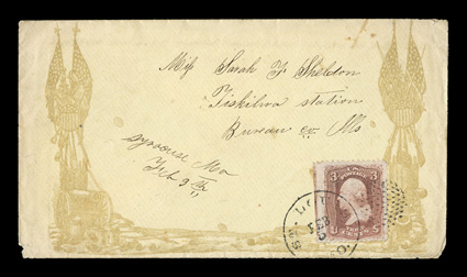 Flags and Cannons design at right and left in olive color on a yellow envelope, 3c Rose (65) tied by St. Louis, Mo. c.d.s. on cover to Illinois, stamp with pre-usage tear at
top, slight edge wear but overall of very fine appearance a rare desig