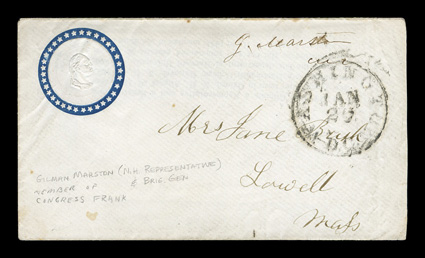 George Washington embossed bust surrounded by blue circle and 34 five point stars (Walcott 24), free frank of Rep. Gilman Marston (and later Brigadier General), Washington
c.d.s., addressed to Lowell, Mass., just slightly reduced at right, v