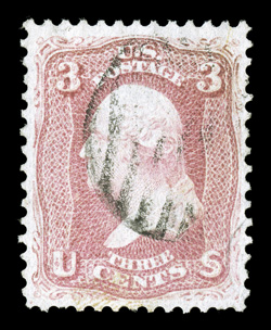 64, 3c Pink, used, exceedingly well centered, strong bright color in an unmistakable pink color, light grid cancel, current certificate mentions two short perfs. at bottom,
otherwise extremely fine clear 1999 PF certificate and a 2009 PSE certi