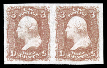 65P, 3c Rose, imperforate plate proof on bluish stamp paper, horizontal pair, large margins, full original gum that is just slightly glazed, extremely fine.