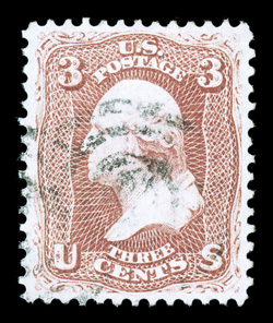 65, 3c Rose, lovely used single, incredibly bright and fresh, outstanding centering within large margins, light target cancel, an extremely fine gem 2008 PSE certificate
(XF-Superb 95 SMQ $180.00).