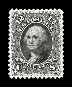 69, 12c Black, unused, exceptionally well centered and margined, strong color, regummed, extremely fine 1973 PF certificate (as o.g.) and a 2008 PSE certificate (XF 90 SMQ
$1,200.00).