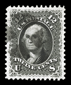 69, 12c Black, an uncommonly choice used example, being extraordinarily well centered within much larger margins than usually encountered, deep color and a razor-sharp
impression on crisp white paper, light quartered cork cancel, extremely fine