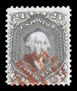 70d, 24c Pale gray violet on thin paper, an attractive used example of this scarce stamp, well centered and margined, sumptuously rich color and a crisp clean impression,
bright red grid cancel, very fine and choice 1999 PF certificate.