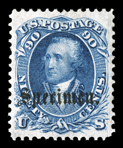 72S-B, 90c Blue, with Ty. B Specimen overprint, extraordinarily well centered and margined, rich luxuriant color, full o.g., lightly hinged, extremely fine the specimen
overprints are rarely encountered in this choice quality 1989 PF certifi