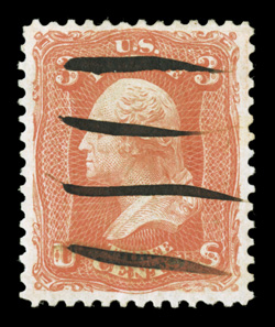 74, 3c Scarlet, an extraordinarily choice used example, being one of the very finest existing copies of this rare trial printing, possessing outstanding centering amid
extravagantly large margins, deep vibrant color and superbly detailed imp