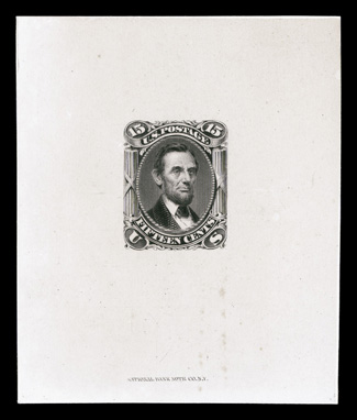 77P1, 15c Black, large die proof on India, mounted on card measuring 62 x 75mm, National Bank Note Co. imprint at bottom, light overall toning, otherwise very
fine.