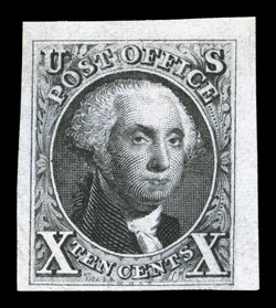 4, 10c Black reproduction, without gum as issued, four margins ranging from full to huge, wonderfully bright and fresh, choice very fine 2008 PSE certificate (VF 80 Jumbo SMQ
$900.00 for 80 and $1,100.00 for 85).
