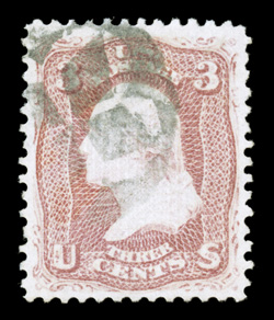 85, 3c Rose, D grill, an impressive used example of this, which is a notoriously difficult grill to find both well centered and with large margins, this example features
exceptional centering amid oversized margins, with its design well cleari