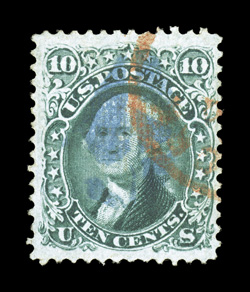 89, 10c Green, E grill, used, nicely centered within large margins, rich color, cancelled by a blue cork and red transit pmk., very fine 1984 PF certificate.