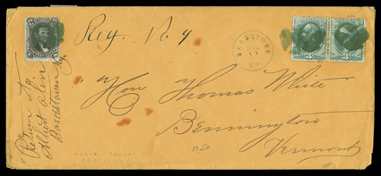 98, 15c Black, F grill, tied along with horizontal pair of 3c Green Bank Note (147) by green cork cancels, with matching Bardstown Ky.Dec 13 c.d.s. on registered legal size
orange cover to Vermont, with ms. Reg. No. 9, return address