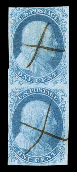 5A, 1c Blue, Ty. Ib, position 5R1E in vertical pair with Type II (position 15R1E), mostly full to large margins, just touching in a couple places, bright fresh color, ms. X
cancels, fine-very fine a rare position piece conservatively catalog