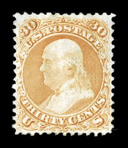 100, 30c Orange, F grill, extraordinarily well centered, particularly compared to the existing mint population, bright fresh color, slightly disturbed o.g., tiny corner crease
at top left, otherwise extremely fine an exceedingly rare stamp to
