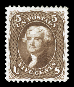 105, 5c Brown re-issue, well centered within large margins, lovely rich color and an excellent clarity of impression, full o.g., lightly hinged, very fine 1992 PSE certificate
and a 2009 PSE certificate (VF 80 OGph SMQ $3,850.00).
