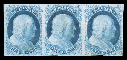 5A, 1c Blue, Ty. Ib, horizontal strip of three containing positions 4R1E-6R1E, all three of which are the rare Type 1b, position 6R1E being one of the two best example
positions, full to large margins all around except for a small irregular cut