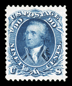 111, 90c Blue re-issue, a most desirable mint example of this rare high value, possessing a wonderful overall freshness few others enjoy, with intense prooflike color and
impression on bright white paper, well centered within exceedingly large m