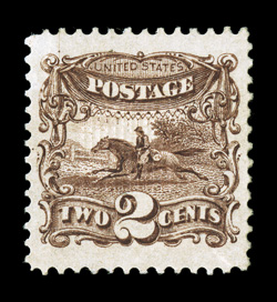 113, 2c Brown, a breathtaking jumbo-margined mint example, boasting margins of massive size and being incredibly well centered within them, deep luxuriant color, full o.g.,
lightly hinged, extremely fine gem a stamp that possesses extraordinary