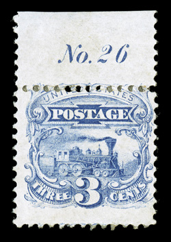 114a, 3c Ultramarine, without grill, a most unusual and highly desirable example of this rarity, being a top margin plate No. 26 single, bright fresh color, typical centering,
full but disturbed o.g., fine there are only about twenty re