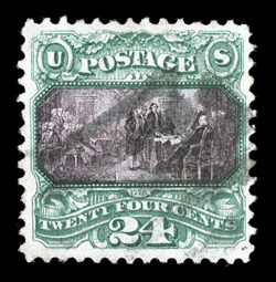 120, 24c Green and violet, used, unusually well centered within large margins, strong rich colors and impressions, light strike of a large rimless grid cancel, extremely fine
2005 and 2007 PSE certificates ex-McCree.