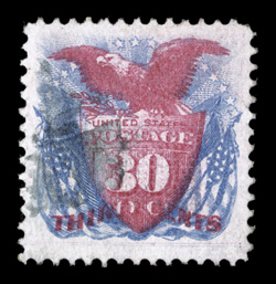 121, 30c Blue and carmine, handsome used example, exceptionally well centered within lavishly large margins, deep vibrant colors and crisp detailed impressions, light cork
cancel, extremely fine 2008 PSE certificate (XF 90 Jumbo SMQ $1,250.00