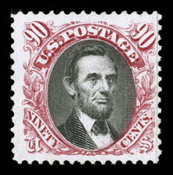 122, 90c Carmine and black, fresh and rare unused example, bright colors and clean impressions, well centered within unusually large margins, very fine 1991 PF
certificate.