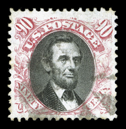 122, 90c Carmine and black, used, well centered within large margins, pastel color, light circle of wedges cancel, faint trace of perf. tip toning at left, otherwise very
fine.