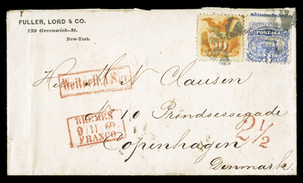 116, 10c Yellow, tied along with 3c Ultramarine (114) by circle of wedges cancels on 1869 cover to Denmark, red boxed Bremen transit dated 91169, framed accountancy handstamp,
2½ credit handstamp, receiving backstamps, light file fo
