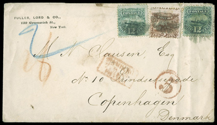 117, 12c Green, two singles, along with 2c Brown (113) tied by cork cancels on 1869 cover to Denmark, correctly paying the 2x North German Union Direct rate, red boxed Hamburg
transit and red 5 handstamp, receiving backstamp, light fi
