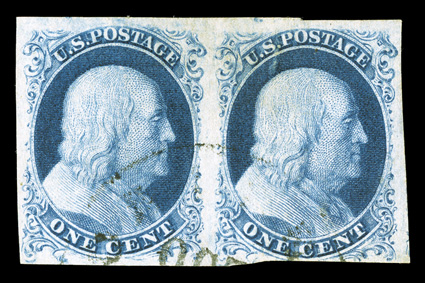 6b, 8, 1c Blue, Ty. Ic and Ty. III combination pair, horizontal pair, positions 47-48L4, the left stamp being Ty. Ic, while the right stamp is Ty. III, an enormously rare
combination that is almost never encountered, with ample to mostly lavishl