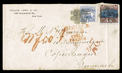 119, 15c Brown and blue, Ty. II, tied along with 3c Ultramarine (114) by rosette cancels on cover to Denmark, correctly paying the 18c North German Union Closed Mail rate, red
Cologne transit, Wfco 1 and 2½ credit handstamps, receiv