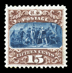 129, 15c Brown and blue re-issue, Ty. III, excellent centering within especially large margins, gorgeous colors and vivid impressions, o.g., choice very fine only 1,981 sold
2004 PF certificate.
