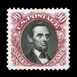 132, 90c Carmine and black re-issue, a phenomenal mint example of this re-issue rarity, possessing margins of truly immense proportions and being absolutely perfectly centered
within them, magnificently rich colors and razor-sharp impressions on