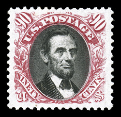 132, 90c Carmine and black re-issue, a fabulous mint example of this rare and popular re-issue high value, possessing numerous impressive attributes, not the least of which is
its impeccable centering within lavishly large margins, wonderfully b