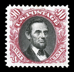 132, 90c Carmine and black re-issue, we have a third premium mint copy, this with brilliantly rich color and strong re-issue impressions on fresh paper, wonderfully well
centered amid uncharacteristically large margins, o.g., relatively lightly