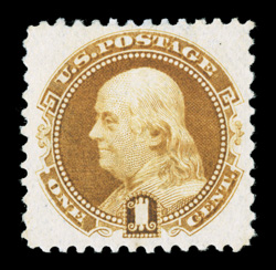 133, 1c Buff re-issue, extraordinary mint copy of this value, which is particularly elusive this choice, rich color and a crisp impression, and possessing near perfect
centering within large margins, full clean o.g., lightly hinged, an extremely